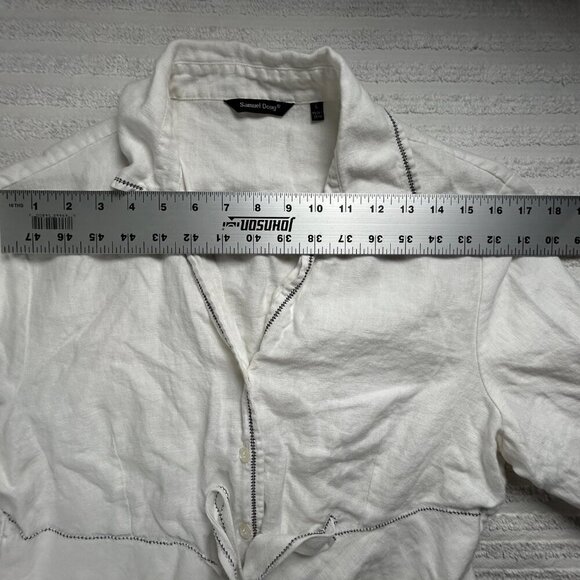 Samuel Dong 100% Linen Shirt Large Button Up Tie-Front White Black Embroidered - Picture 6 of 9
